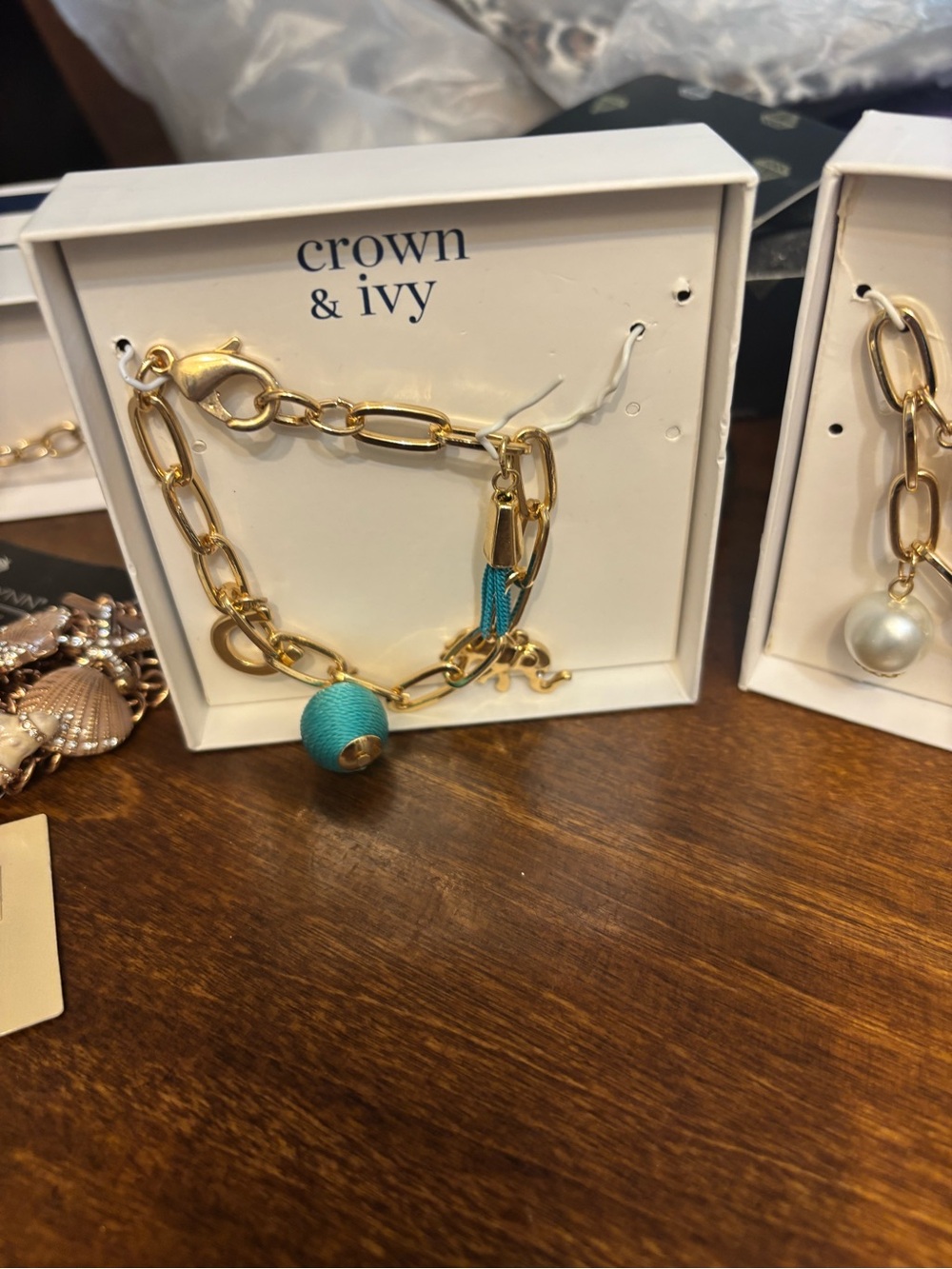 crown & ivy Gold Link Bracelet with Teal Charm